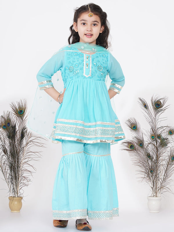 Girl's jaipuri Lacework and Gotta Patti work Kurta frock with Sharara and Dupatta - Sky Blue - Little Bansi Girls