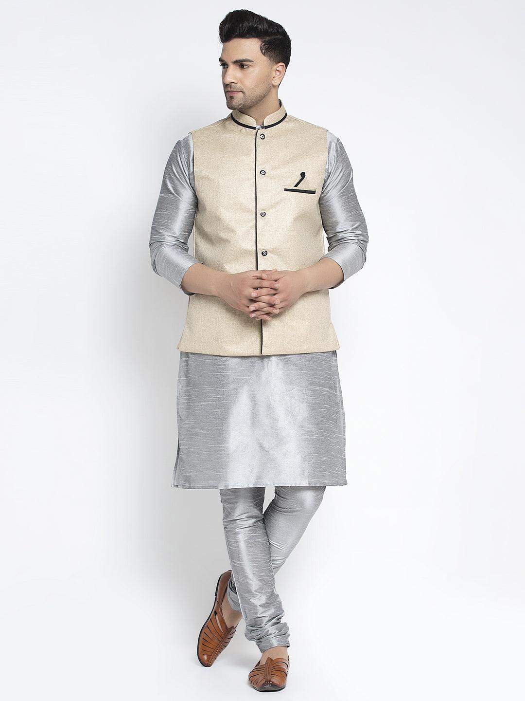 Men's Silk Blend Grey Kurta With Pyjama & Beige Nehru Jacket - Benstoke - Indiakreations