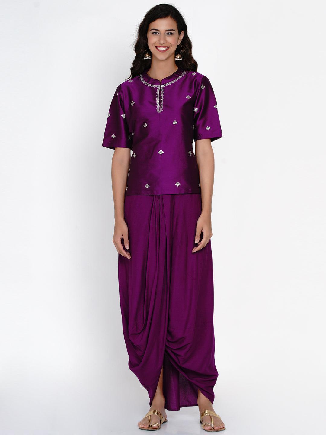 Women's Purple Polyester Embroidered Kurta With Dhoti - Women Republic - Indiakreations