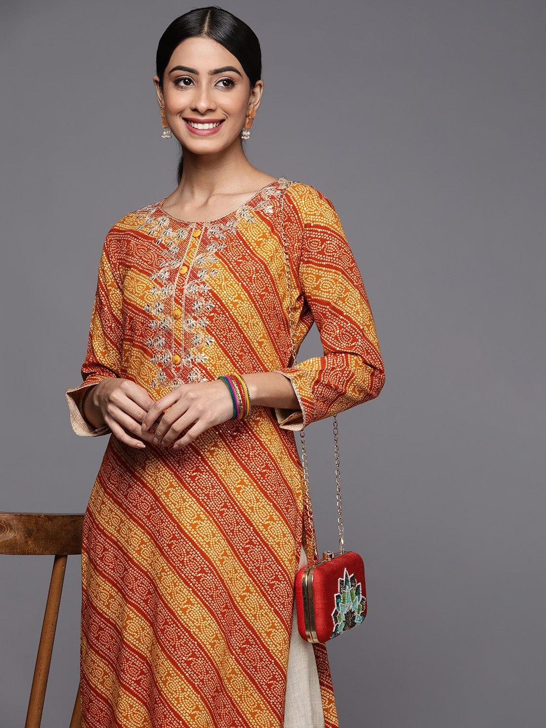 Varanga Women Mustard Yellow & Rust Bandhani Embroidered Gotta Patti Indie Prints Kurta - Indiakreations