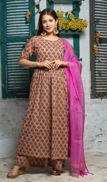 Women's Brown Pink Motif Print Kurta Dupatta Set