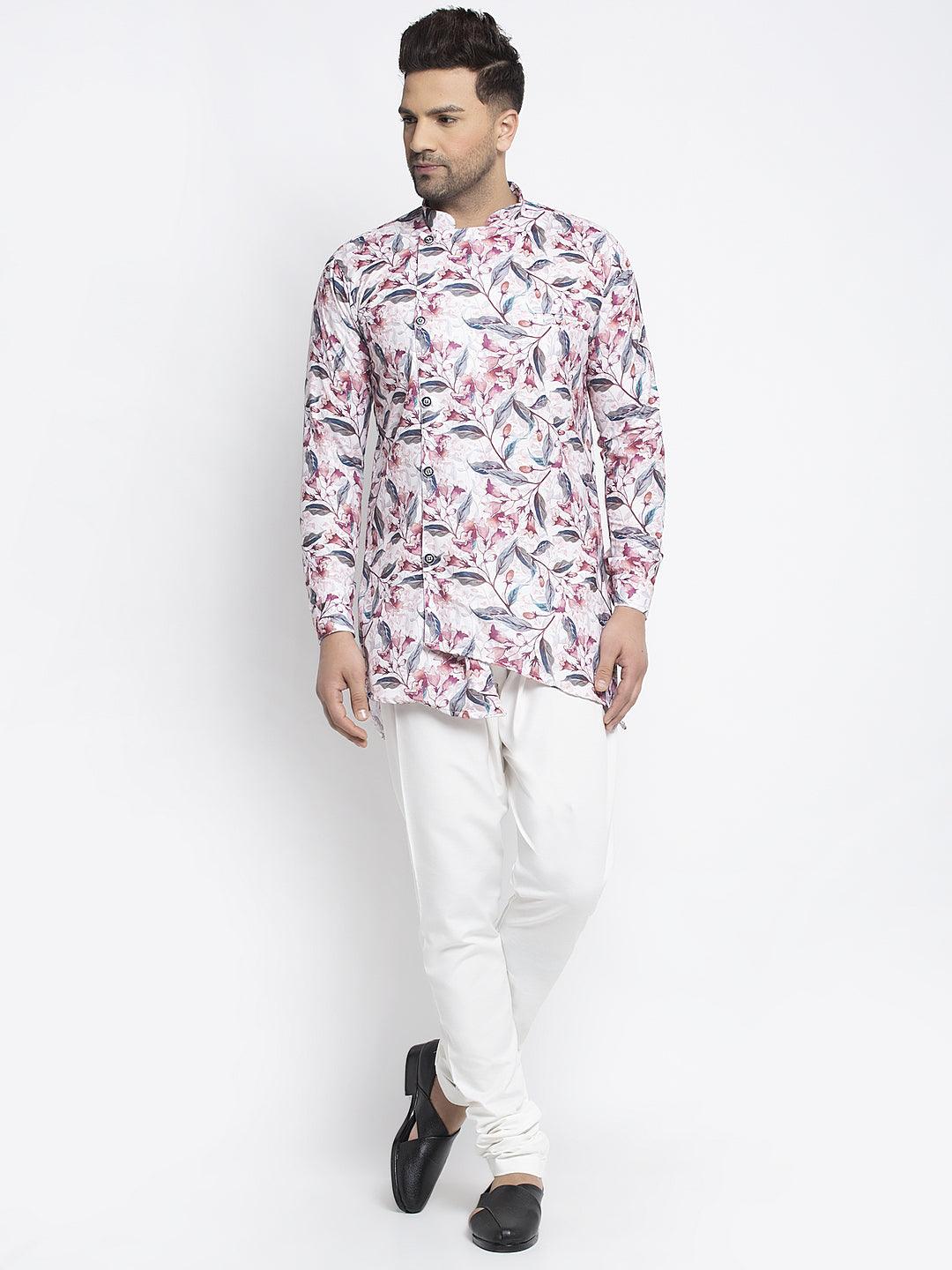 Men's White & Pink Printed Short Kurta With White Pyjama - Benstoke - Indiakreations