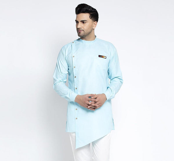 Men's Sky Blue Solid Short Kurta - Benstoke - Indiakreations