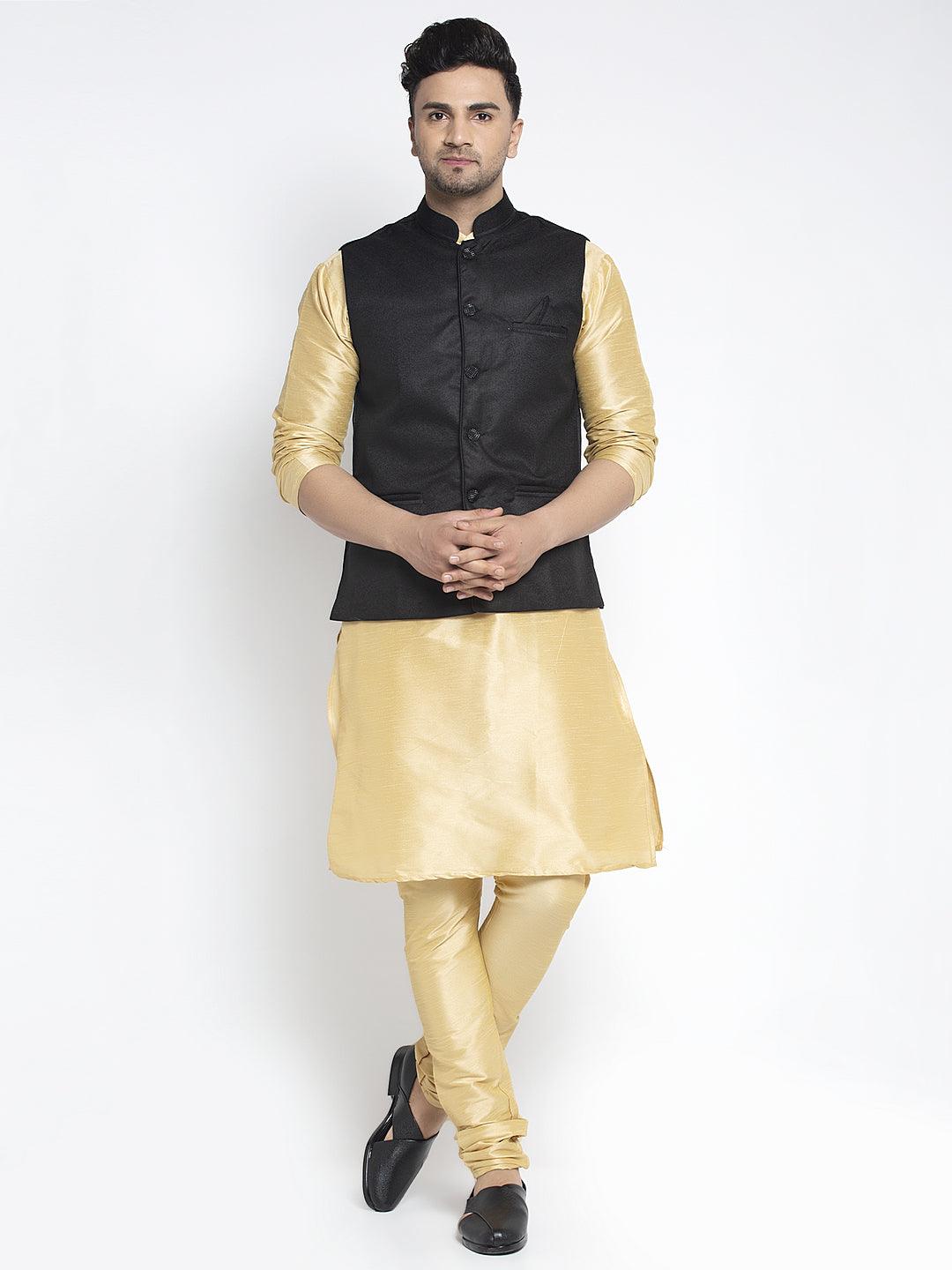 Men's Silk Blend Gold Kurta With Pyjama & Black Nehru Jacket - Benstoke - Indiakreations