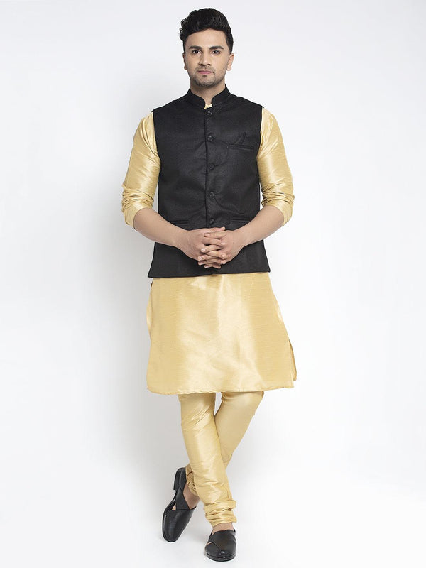 Men's Silk Blend Gold Kurta With Pyjama & Black Nehru Jacket - Benstoke - Indiakreations