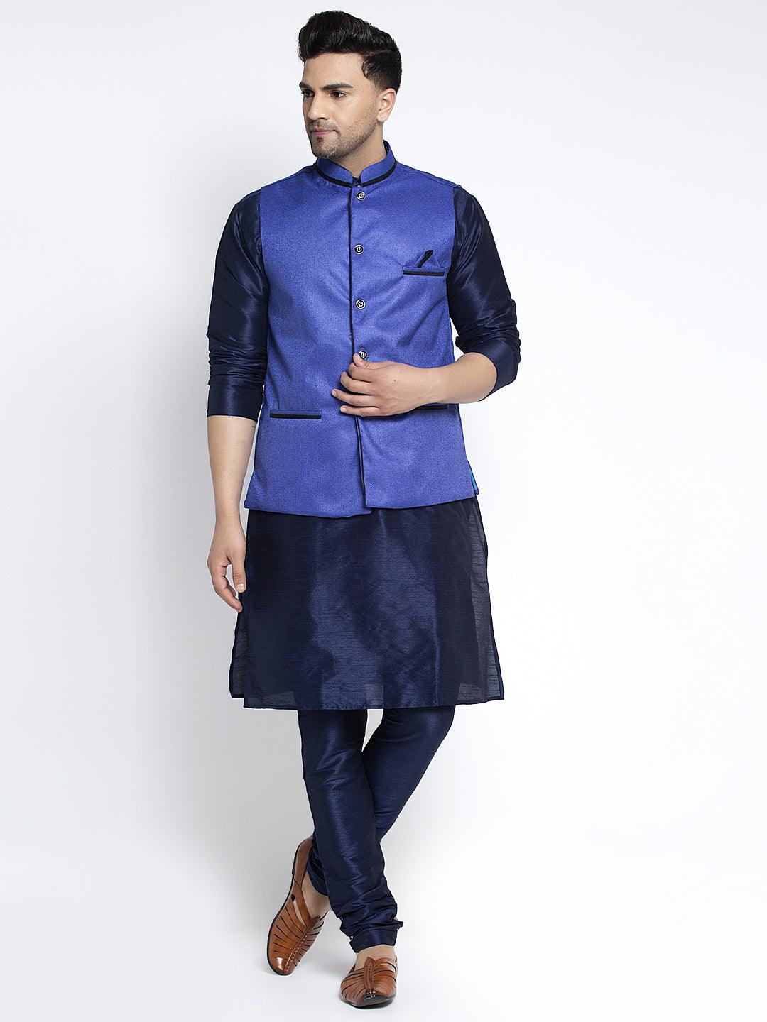 Men's Silk Blend Navy Blue Kurta With Pyjama & Royal Blue Nehru Jacket - Benstoke - Indiakreations