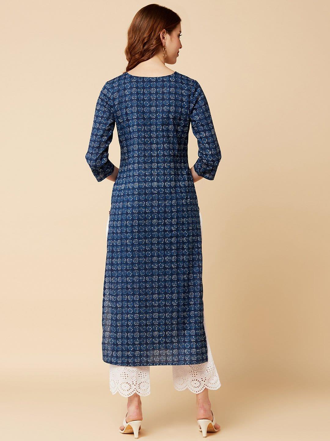 KSUT Indigo Printed Kurta With Keyhole Neckline And 3/4Th Sleeves - Indiakreations