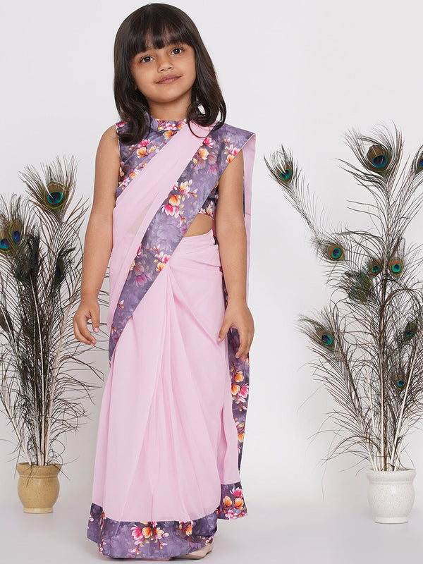 Girl's Floral Print Ready To Wear Saree And Blouse - Lavender - Little Bansi Girls