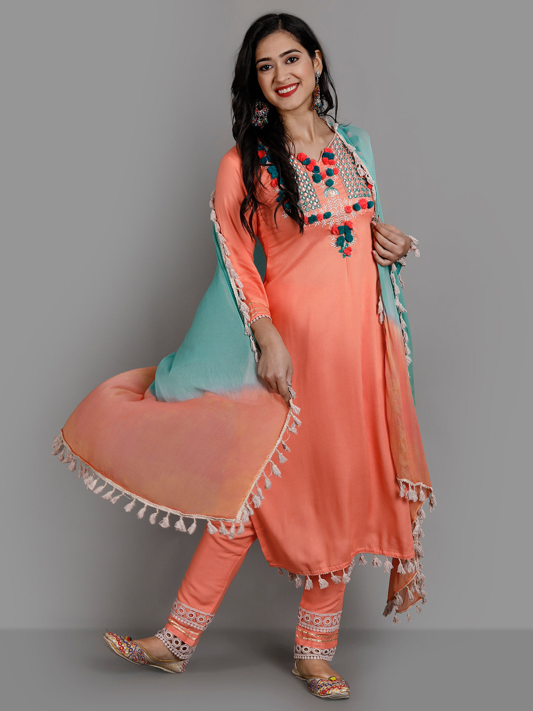 Women's Orange Rayon Kurta Pant And Dupatta Set - Noz2Toz