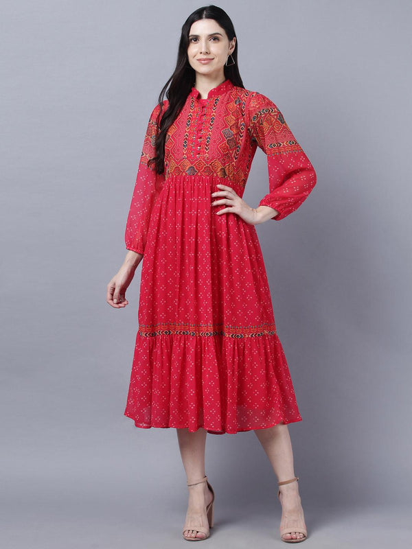 Women's Stylish Red 3/4 Sleeve Dress - Myshka - Indiakreations