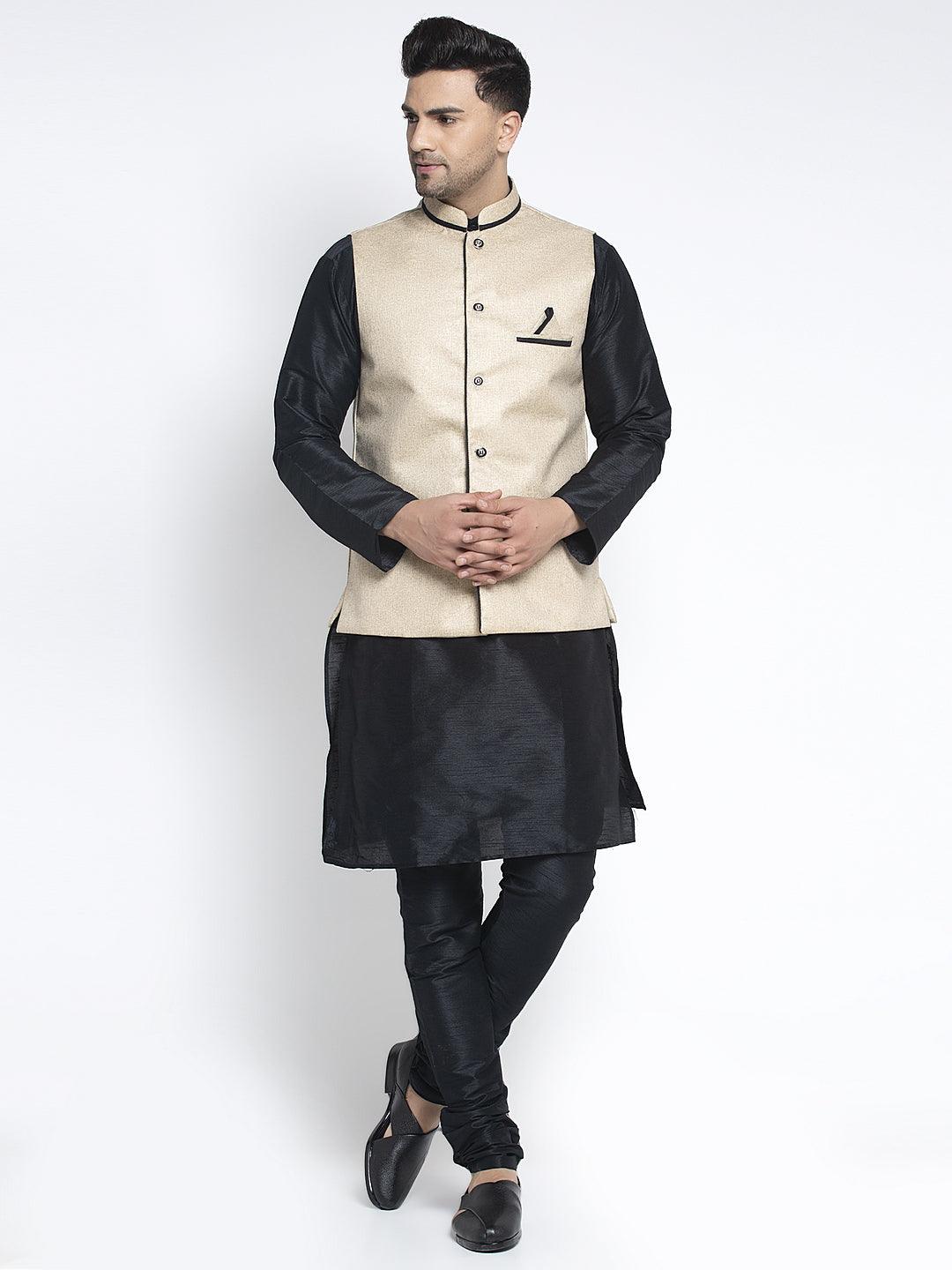 Men's Silk Blend Black Kurta With Pyjama & Beige Nehru Jacket - Benstoke - Indiakreations