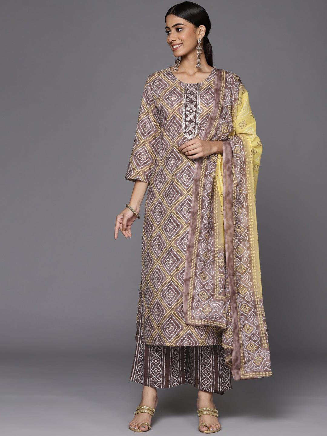 Varanga Women Brown Bandhani Printed Gotta Patti Pure Cotton Kurta with Palazzos & With Dupatta - Indiakreations