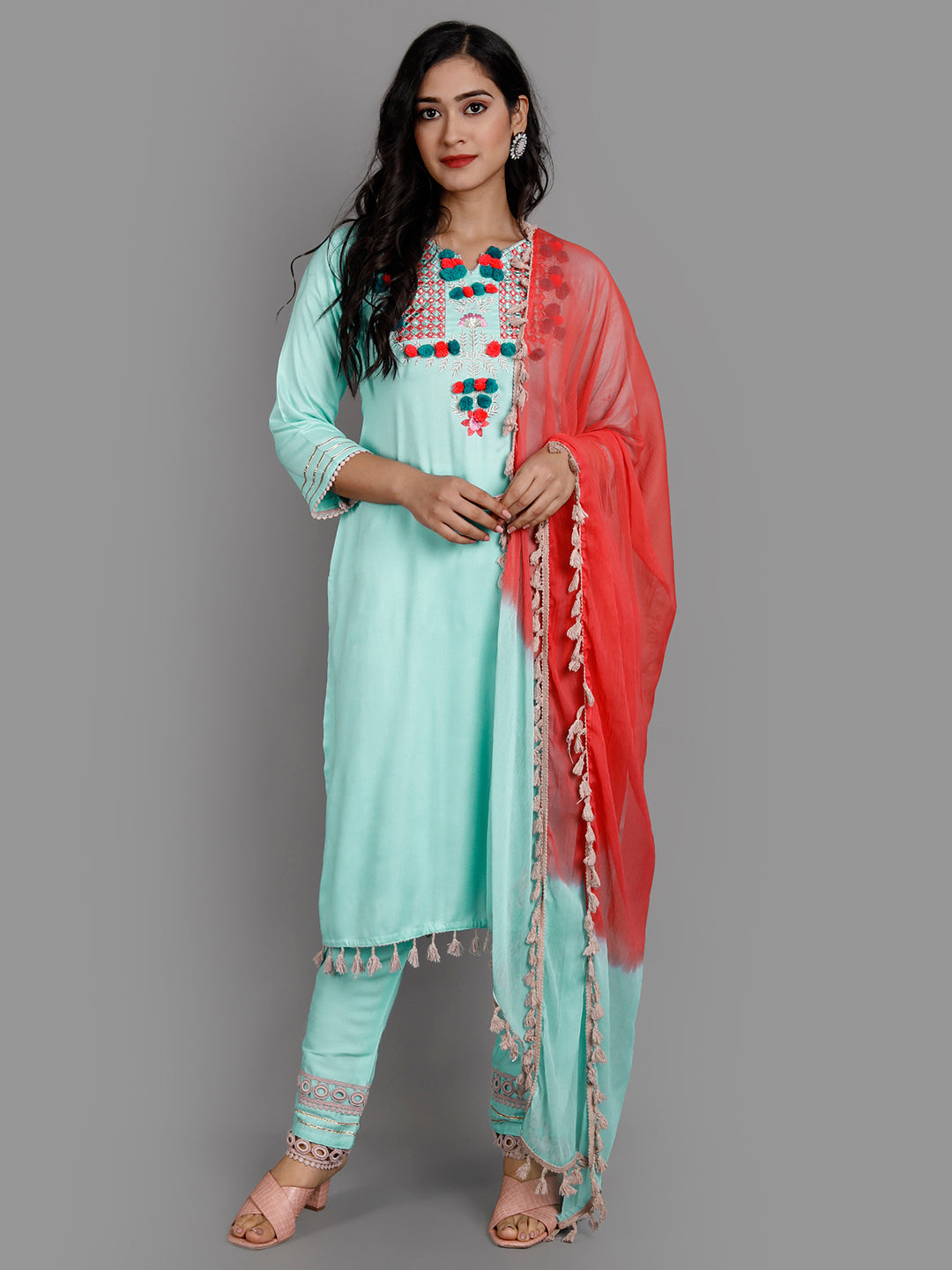 Women's Aqua Blue Rayon Kurta Pant And Dupatta Set - Noz2Toz