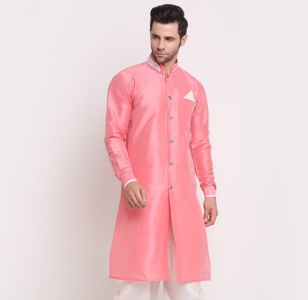 Men's Silk Blend Pink Solid Straight Kurta - Benstoke