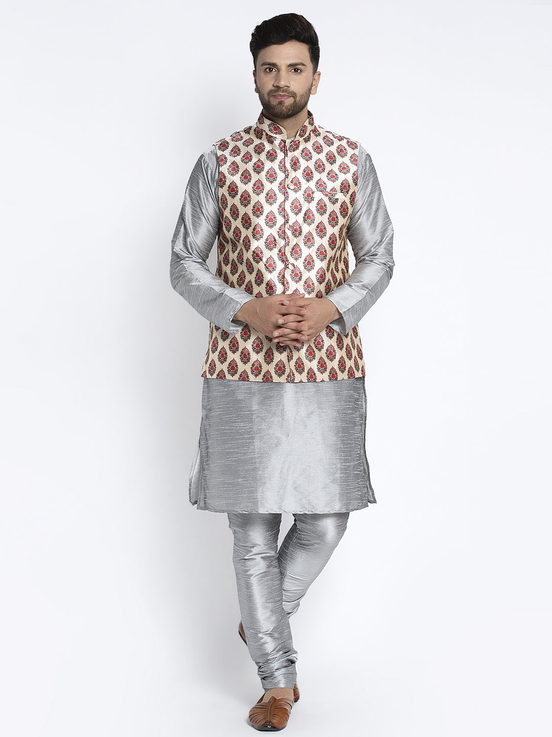 Men's Silk Blend Grey Kurta With Pyjama & Cream Printed Nehru Jacket - Benstoke