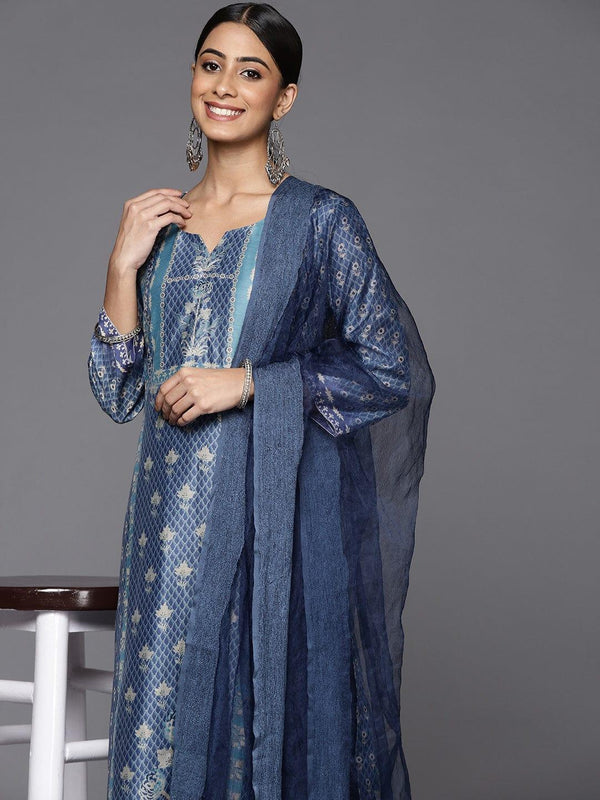 Varanga Women Blue Floral Printed Sequinned Kurta with Trousers & With Dupatta - Indiakreations