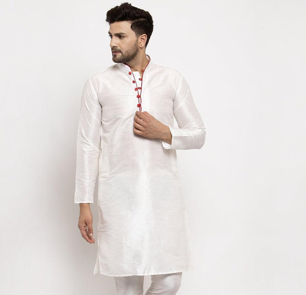 Men's Silk Blend White Straight Long Kurta - Benstoke - Indiakreations