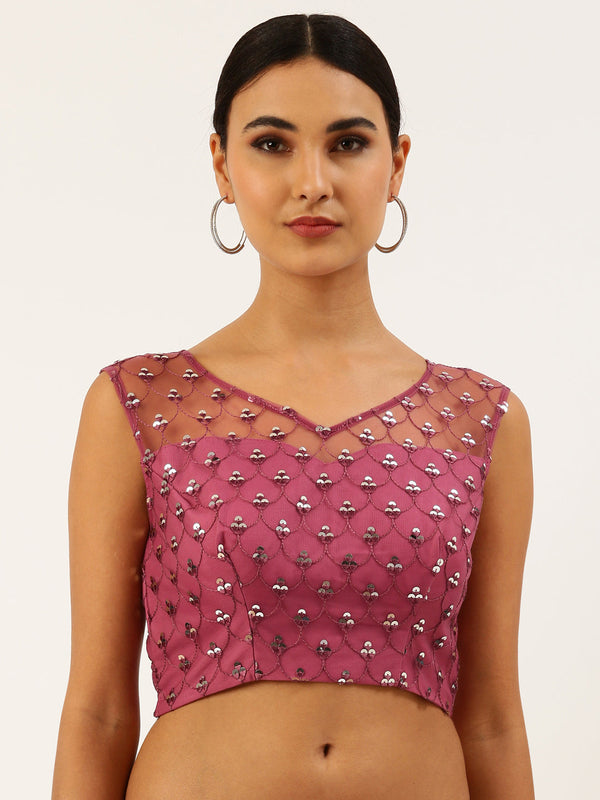 Women's Rose Gold Toned Sequince Work Net Readymade Blouse - Panchhi