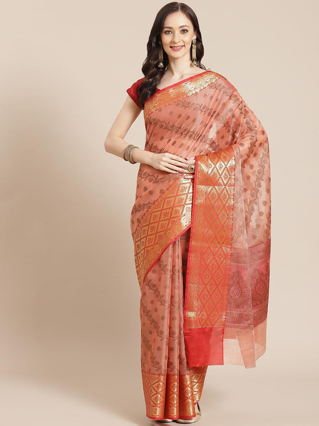 Women's Pink Cotton Silk Saree - Varanasi - Indiakreations