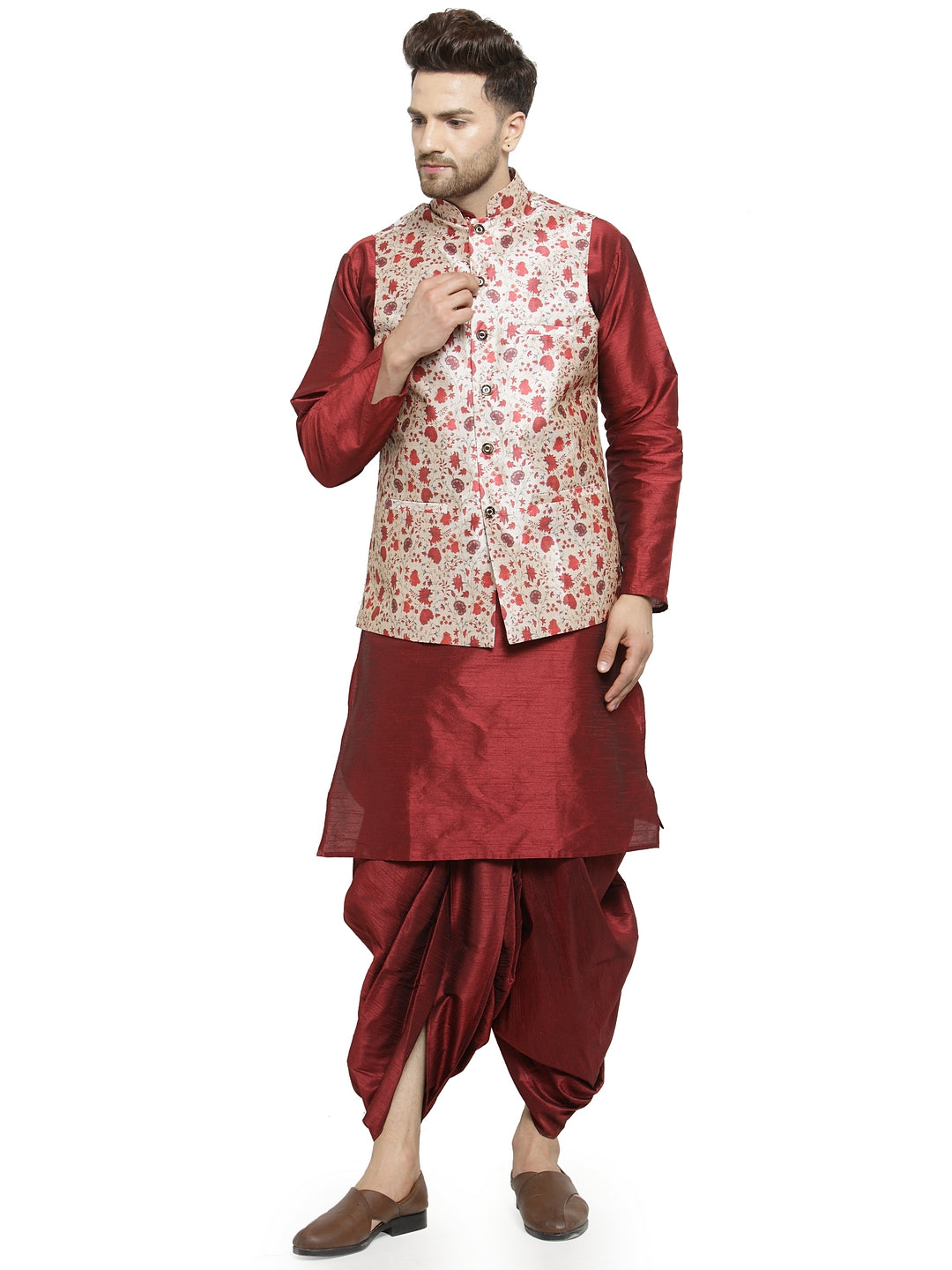 Men's Maroon Kurta With Dhoti & Beige Printed Nehru Jacket - Benstoke