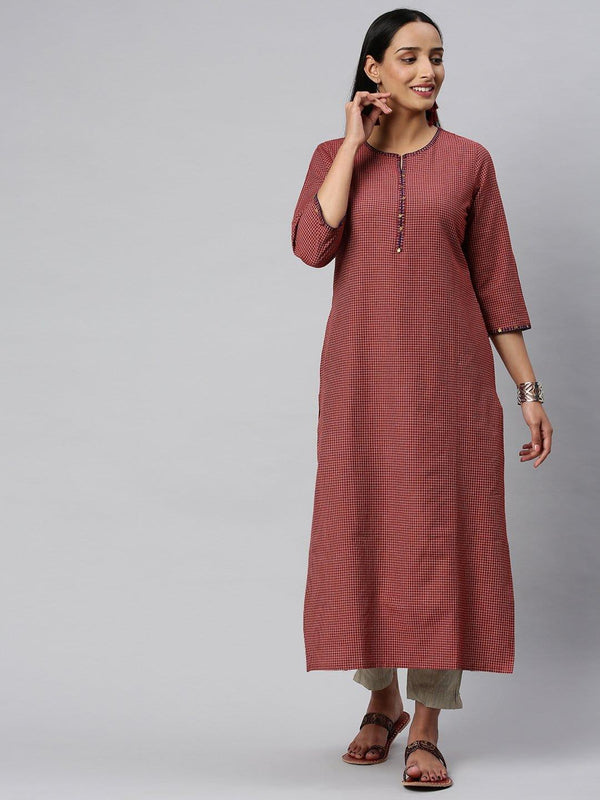 KSUT Rust And Off White Check Woven Straight Kurta With Handwork On Neckline And Sleeves - Indiakreations