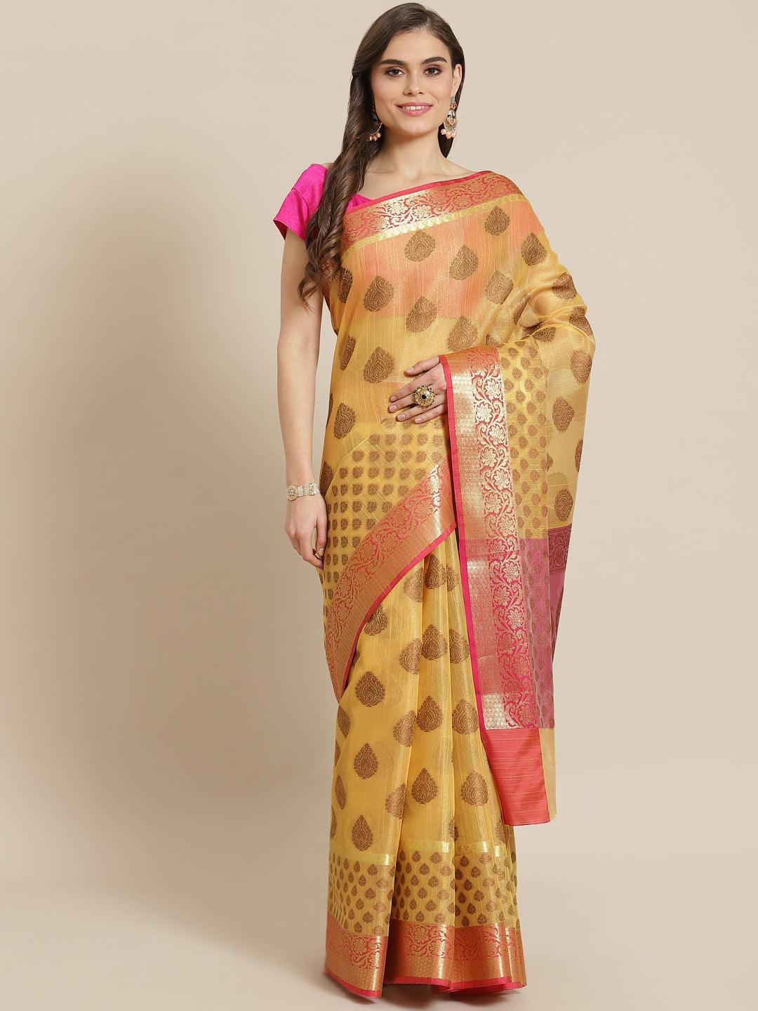 Women's Yellow Cotton Silk Saree - Varanasi - Indiakreations