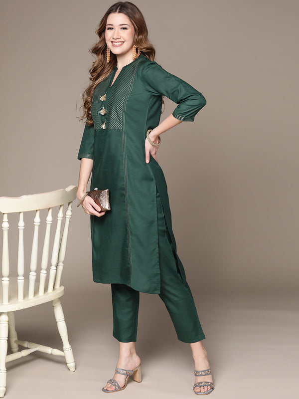 Women's Green Tasseled Cotton Silk Kurta set with Trousers - Anubhutee