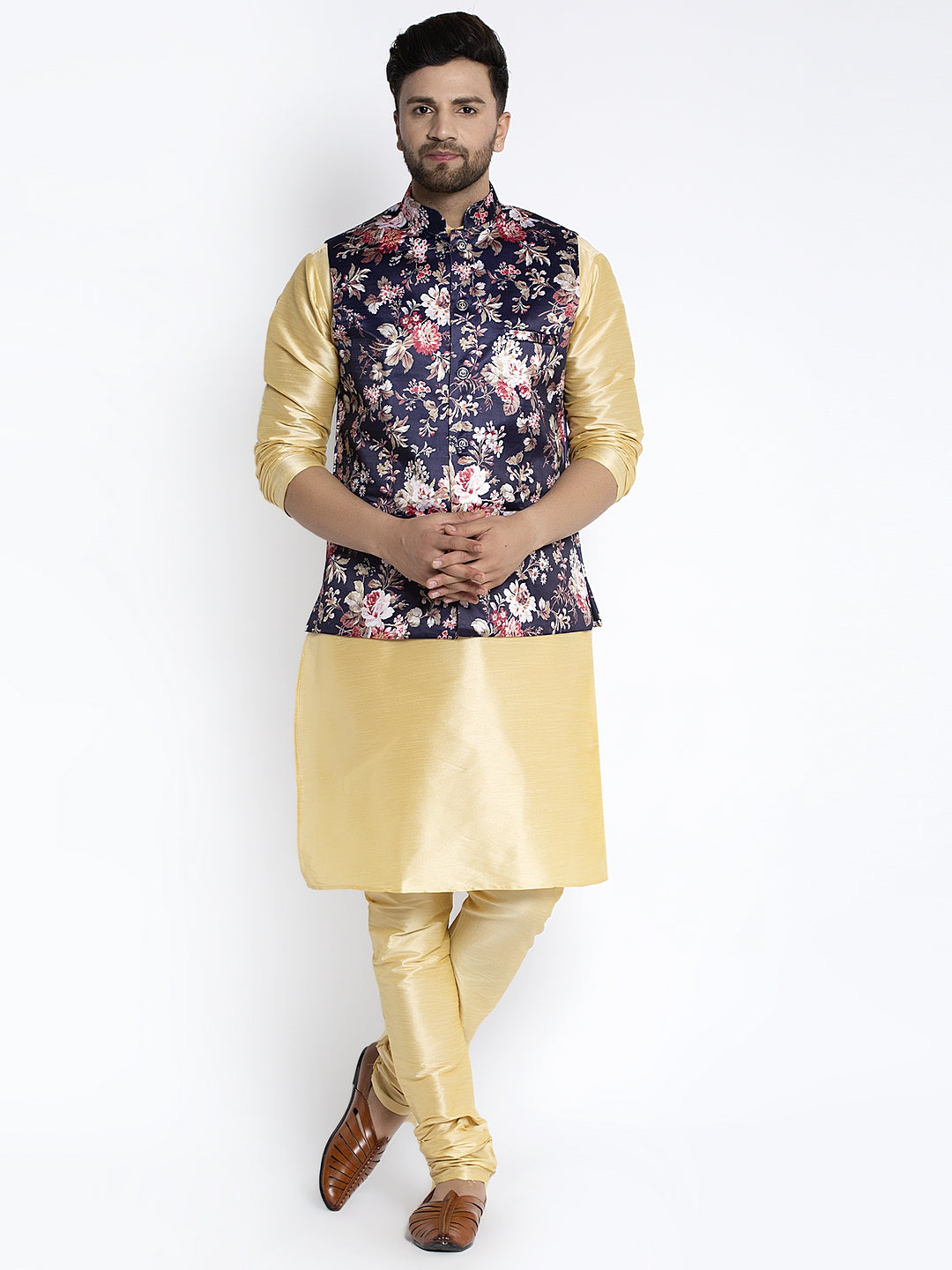 Men's Silk Blend Gold Kurta With Pyjama & Navy Blue Printed Nehru Jacket - Benstoke