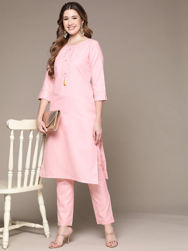 Women's Pink Handwork Kurta Set with Trousers - Anubhutee