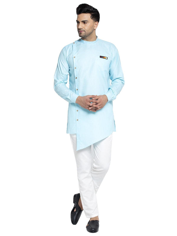 Men's Cotton Sky Blue Asymmetric Solid Kurta With White Trousers - Benstoke - Indiakreations