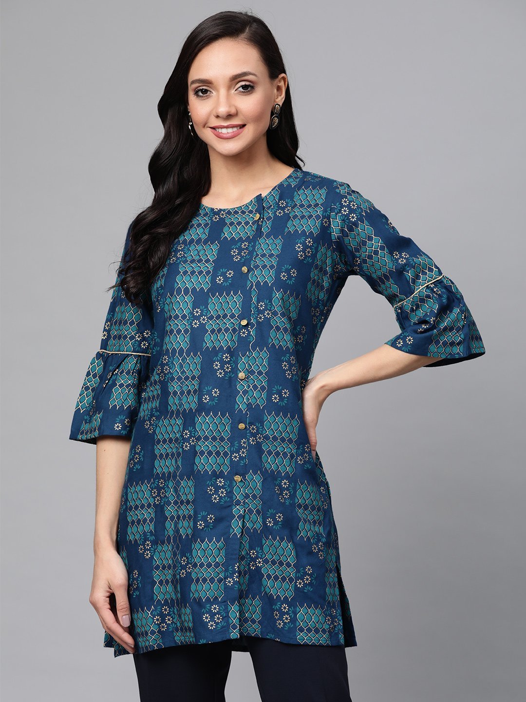 Women's Blue & Golden Printed Straight Kurti - Anubhutee