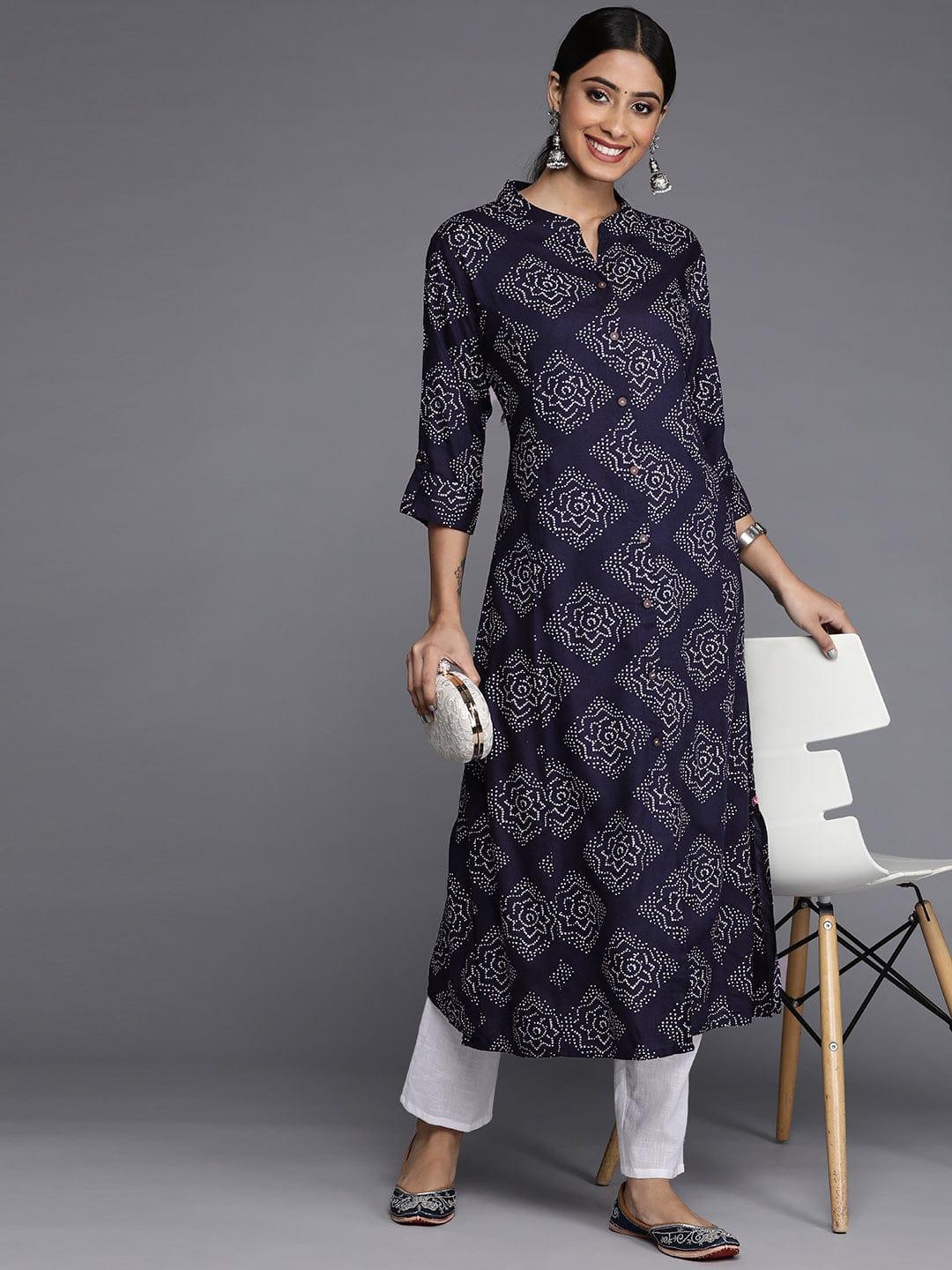 Varanga Women Navy Blue & White Ethnic Motifs Printed Indigo Kurta - Indiakreations