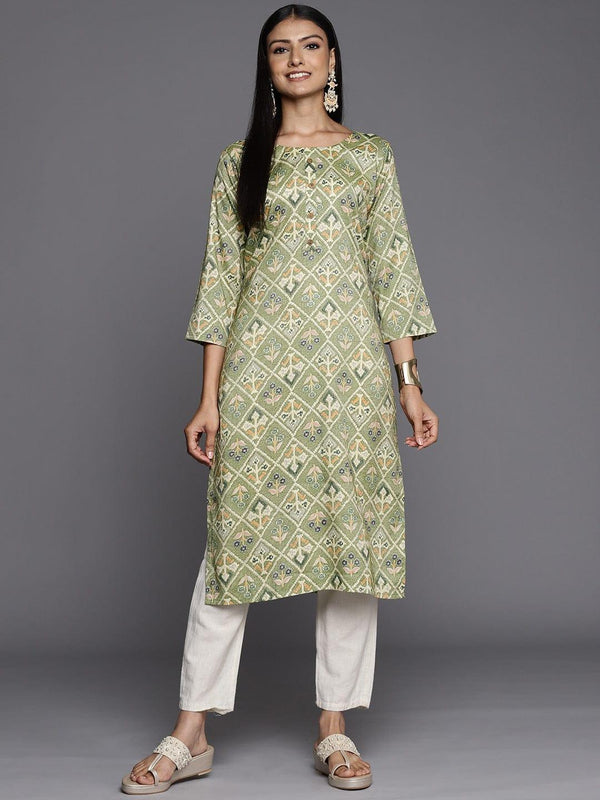 Varanga Women Green & Cream-Coloured Ethnic Motifs Printed Kurta - Indiakreations