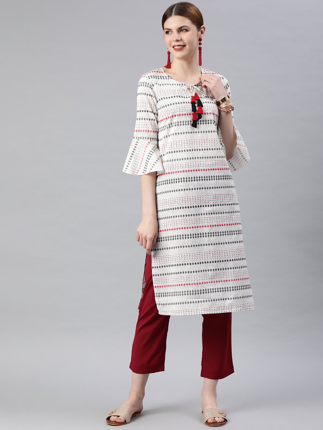 Women's White & Black Striped Straight Kurta - Anubhutee