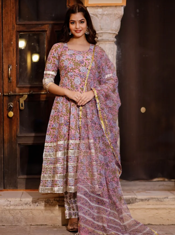 Women's Pink Purple Block Printed Round Neck Anarkali Kurta With Pant Paired With Doria Printed Dupatta - Pheeta