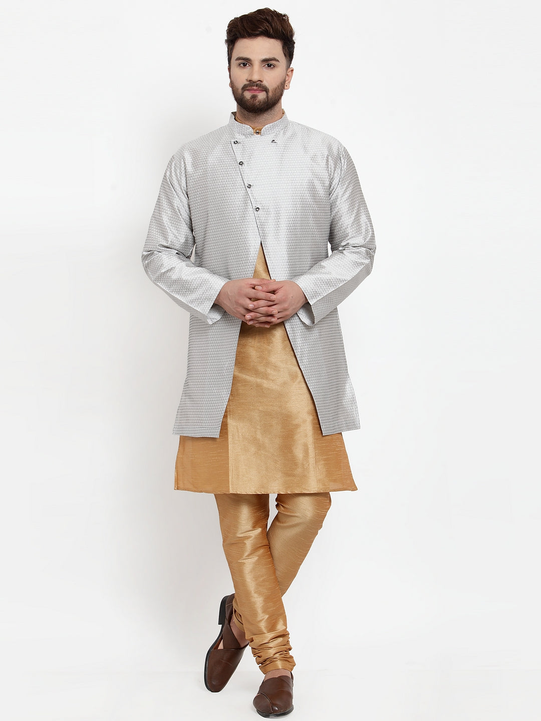 Men's Copper Kurta With Pyjama & Grey Self Design Jacket - Benstoke