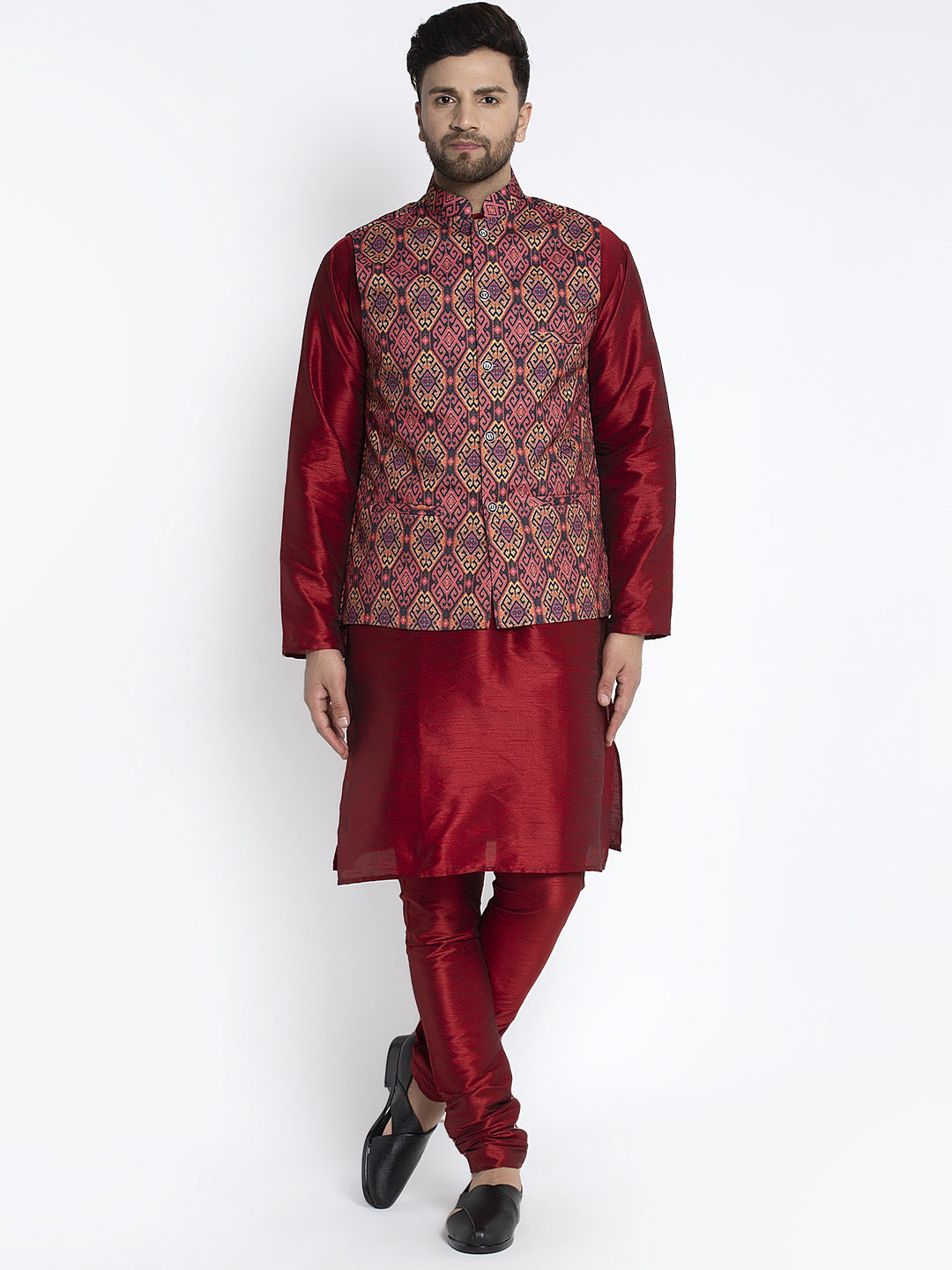 Men's Silk Blend Maroon Kurta With Pyjama & Rust Printed Nehru Jacket - Benstoke