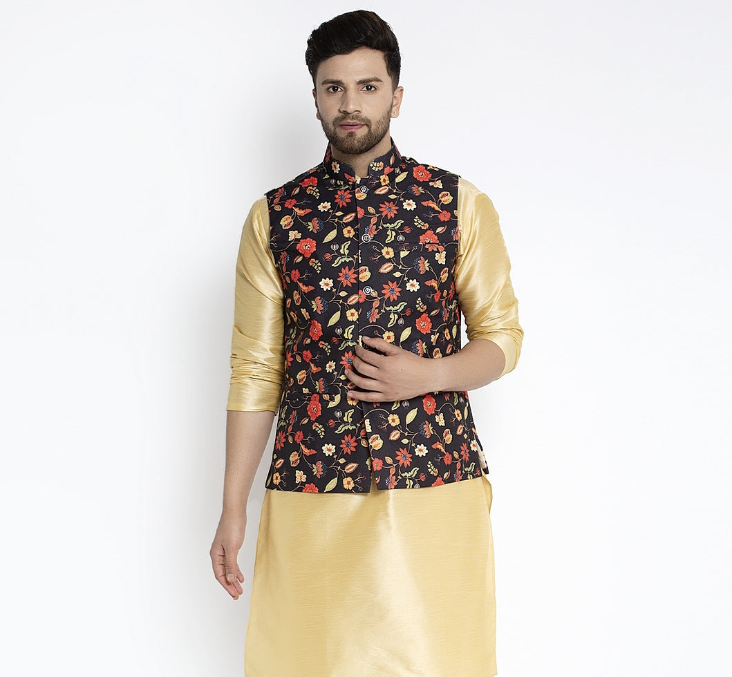 Men's Black & Multi Printed Nehru Jacket - Benstoke