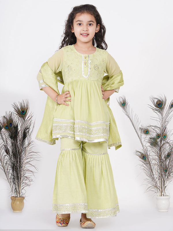 Girl's Jaipuri Lacework And Gotta Patti Work Kurta Frock With Sharara And Dupatta - Classic Green - Little Bansi Girls