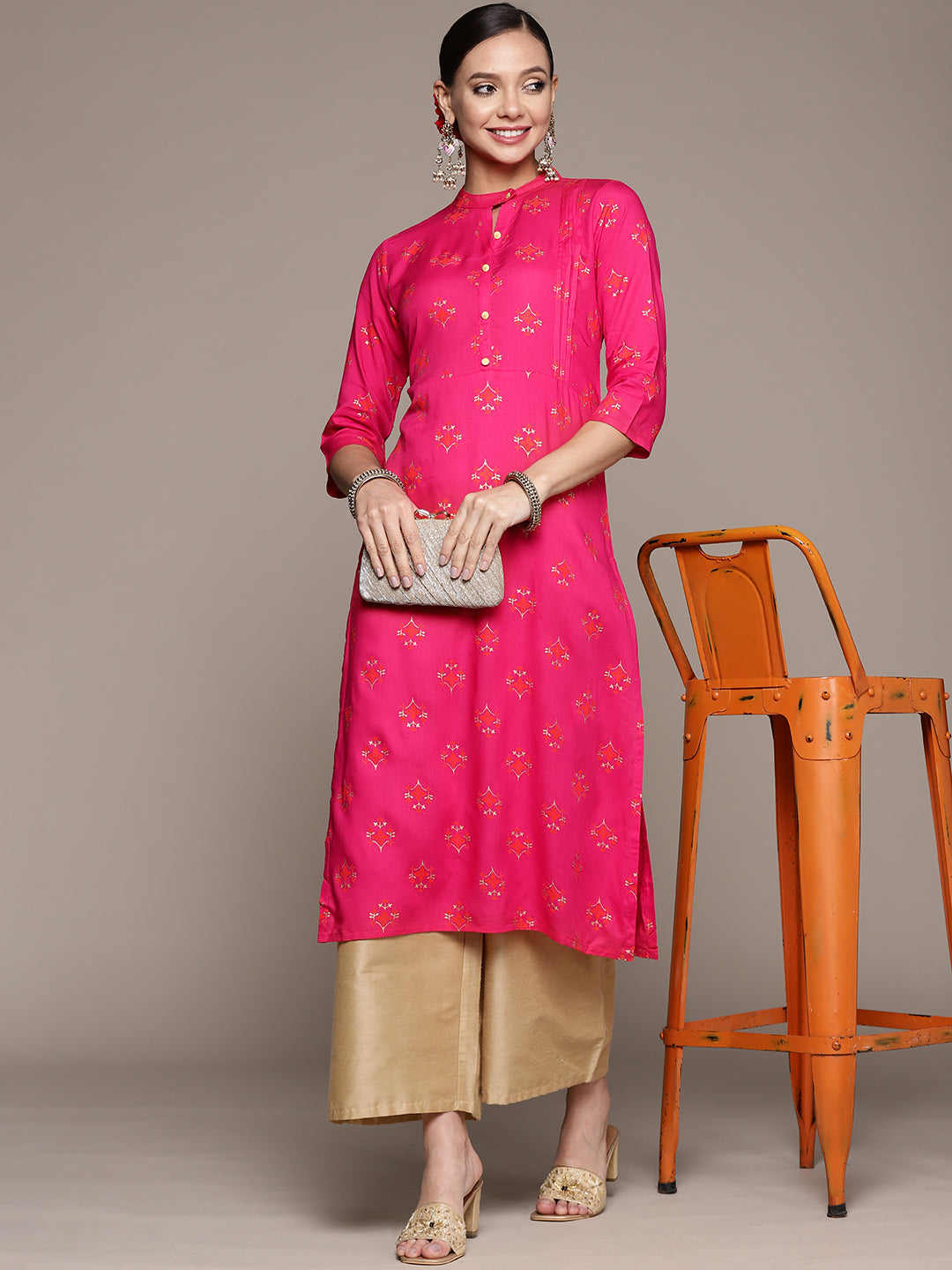 Women's Pink Ethnic Motifs Printed Rayon Kurta - Anubhutee