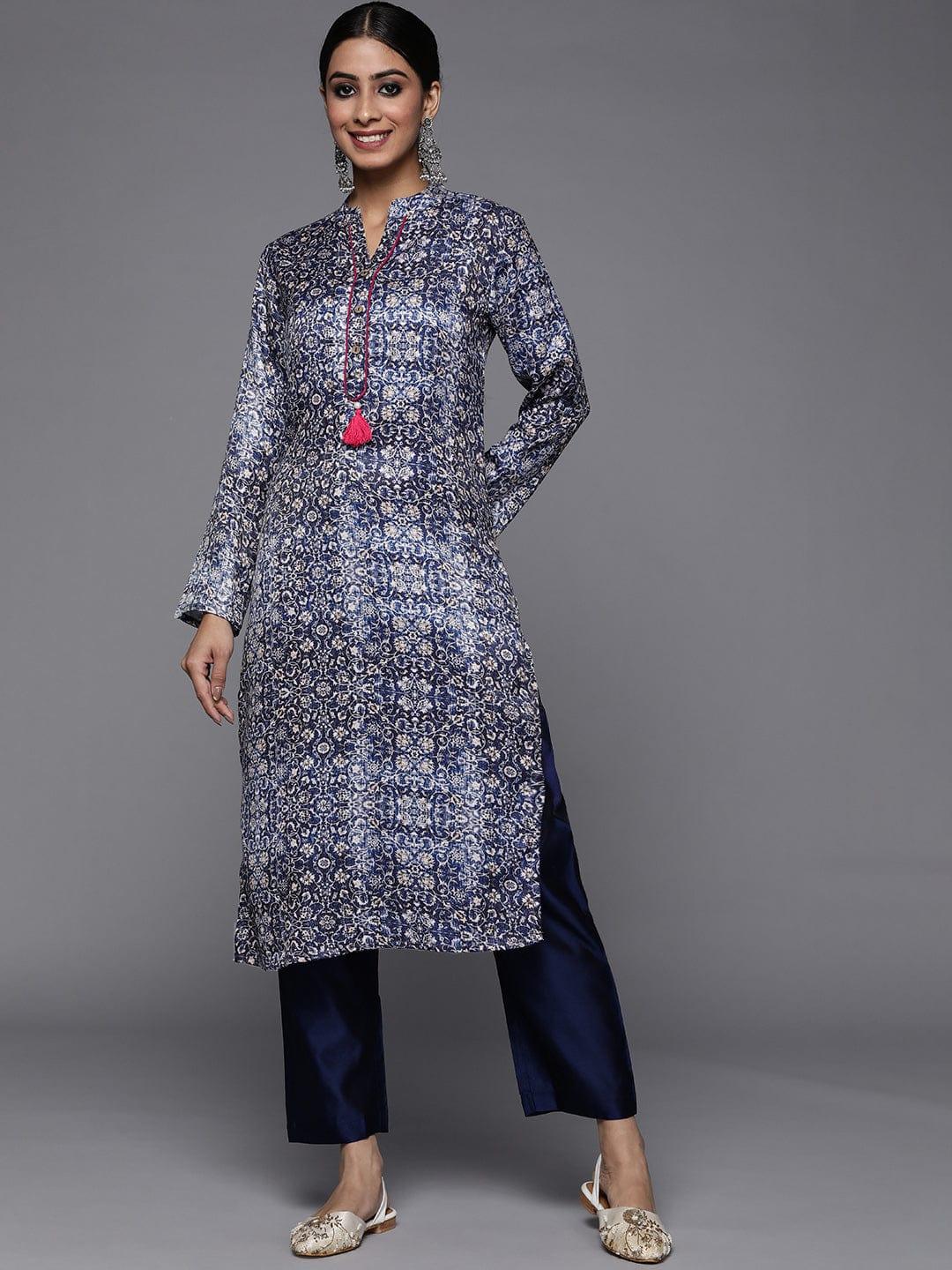 Varanga Women Blue & White Ethnic Motifs Printed Pashmina Winter Kurta - Indiakreations