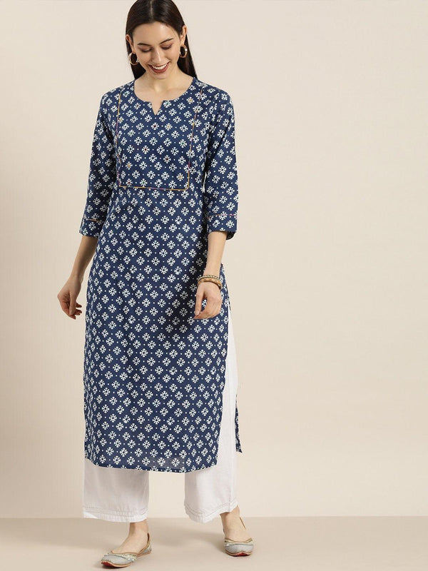 KSUT Blue And White Abstract Printed Kurta With Handwork On Yoke - Indiakreations