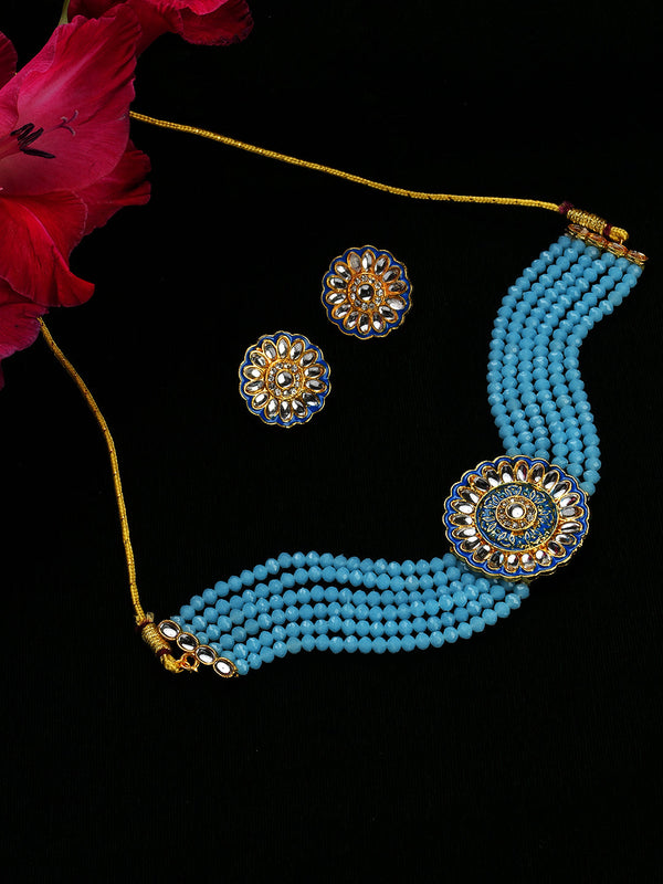 Women's Gold-Plated White & Blue Kundan-Studded & Beaded Meenakari Jewellery Set - Jazz And Sizzle