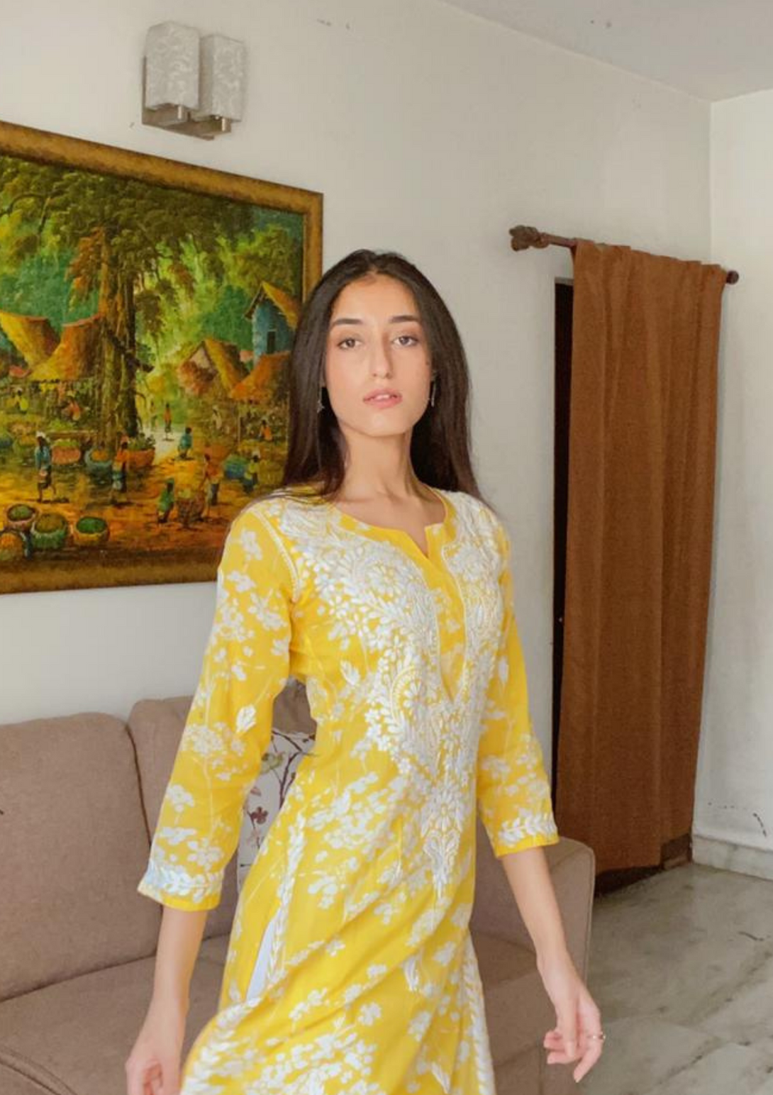 Zainab Mul printed kurta with Chikankari embroidery and mulmul cotton in yellow colour