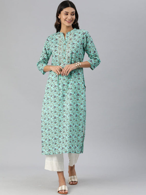 Women's KSUT Blue And Voilet Floral Printed Straight Kurta With Gota Work On Yoke - Varanga