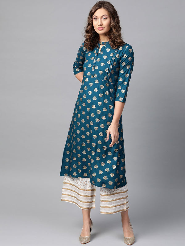 Women Teal Blue Printed Kurta with Palazzos by Anubhutee (Set of 2)