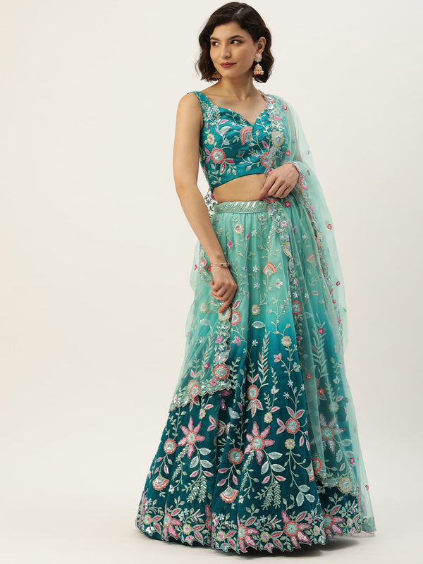 Women's Teal - Shaded Net Sequins Embroidered Stitched Lehenga - Panchhi