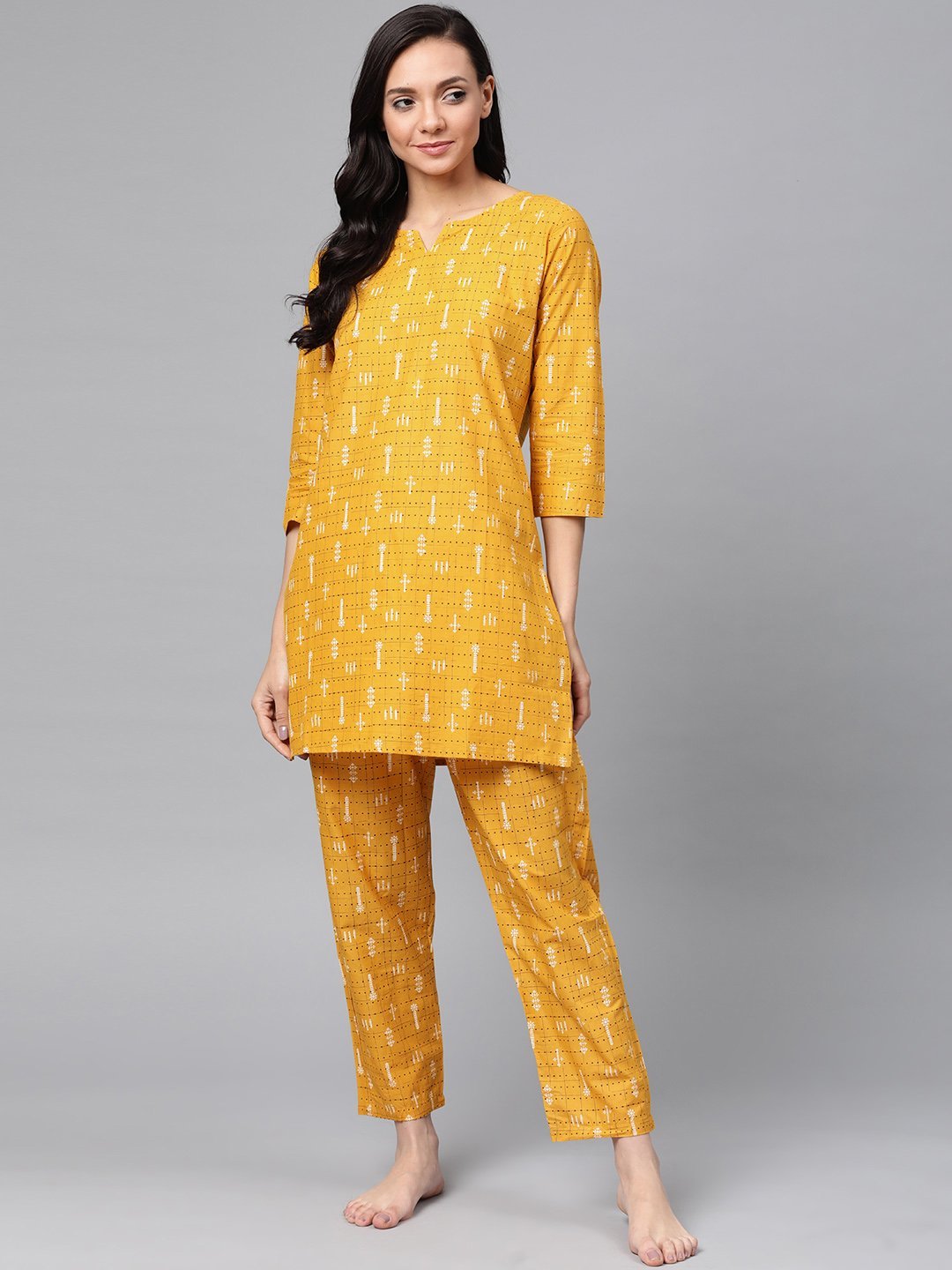 Women's Mustard Yellow & Black Pure Cotton Printed Night suit - Anubhutee