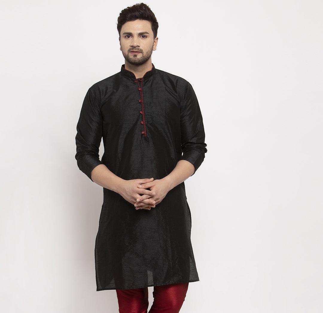 Men's Silk Blend Black Straight Long Kurta - Benstoke - Indiakreations