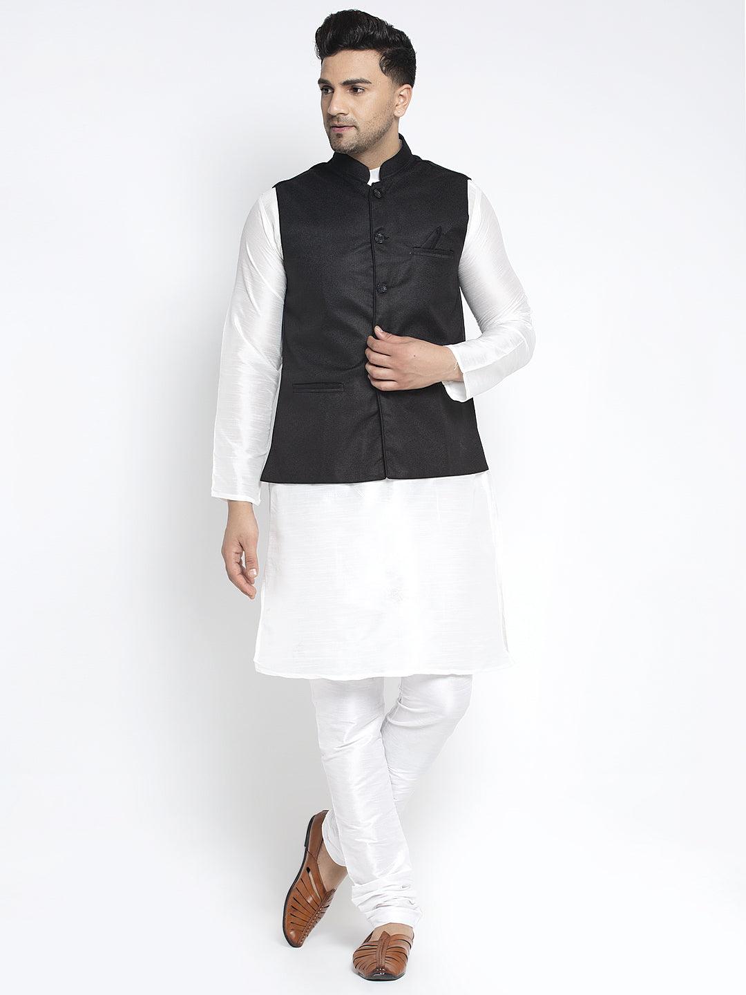 Men's Silk Blend White Kurta With Pyjama & Black Nehru Jacket - Benstoke - Indiakreations